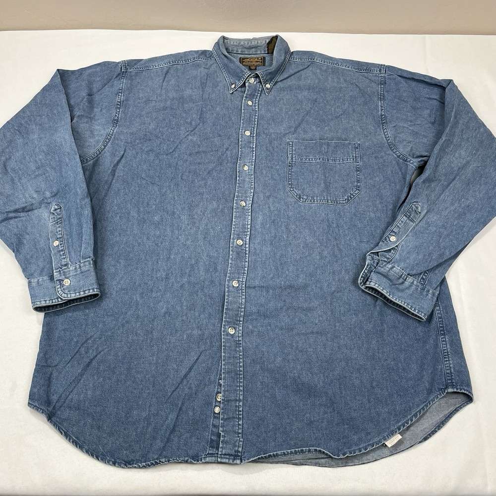 Vintage Eddie Bauer Shirt Mens XXL Blue Denim Button Up Made in USA Cotton